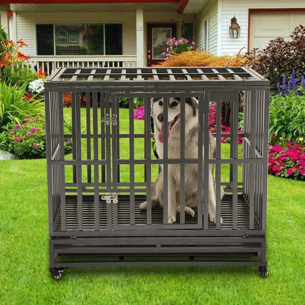 38” Heavy Duty Dog Crate Large Dog Cage Metal Dog Kennels and Crates for Large Dogs Indoor Outdoor with Locks