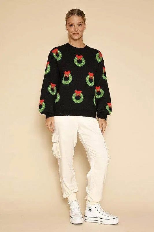 All over wreath holiday knit sweater