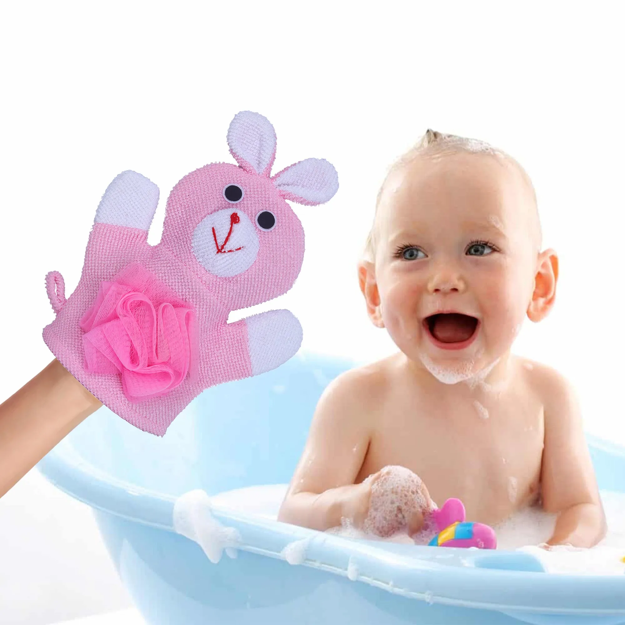 Baby Moo Naughty Rabbit Bath Time Fun Hand Puppet Loofah Bath Glove - Pink