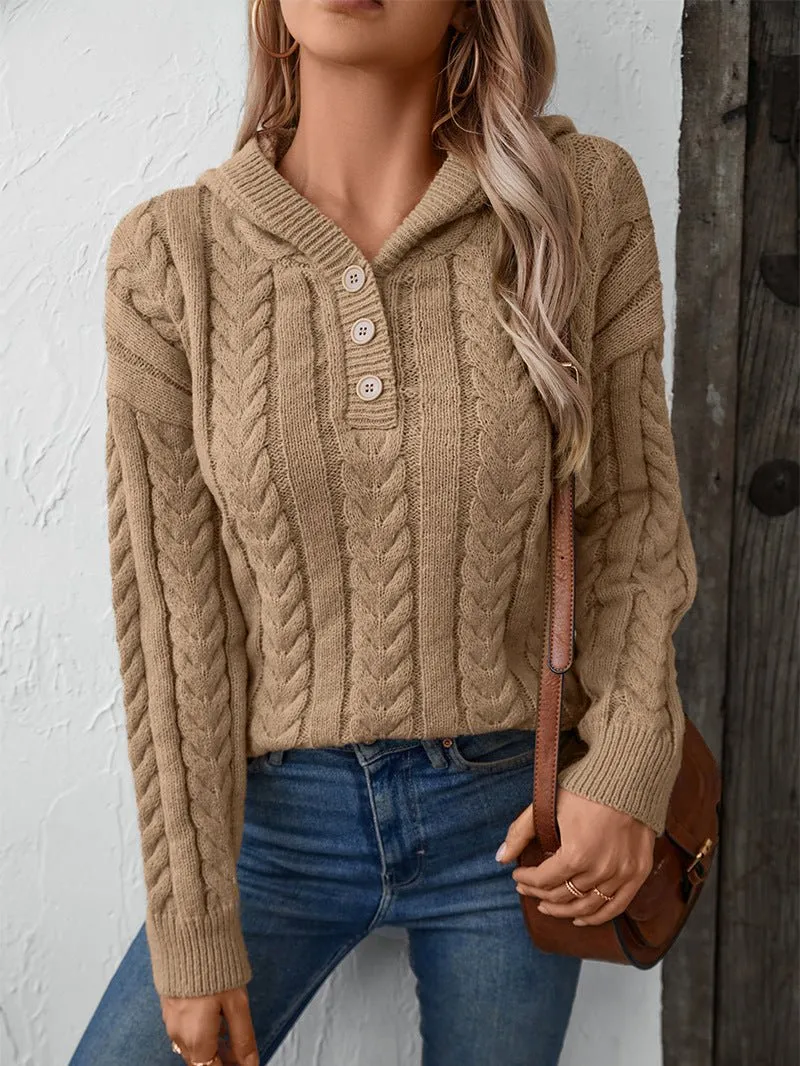 Cable Knit Sweater with Buttoned Collar – Cozy and Stylish Pullover