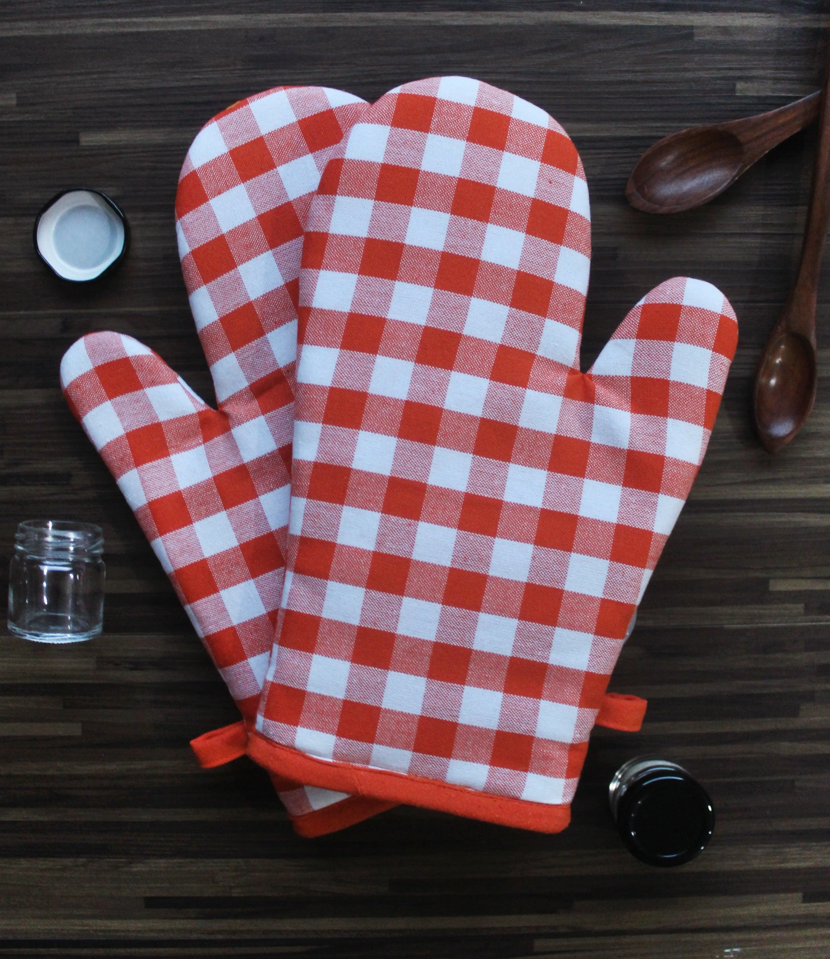 Cotton Gingham Check Orange Oven Gloves Pack Of 2