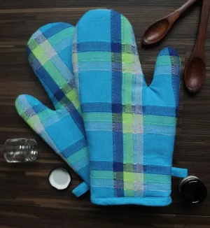 Cotton Iran Check Blue Oven Gloves Pack Of 2