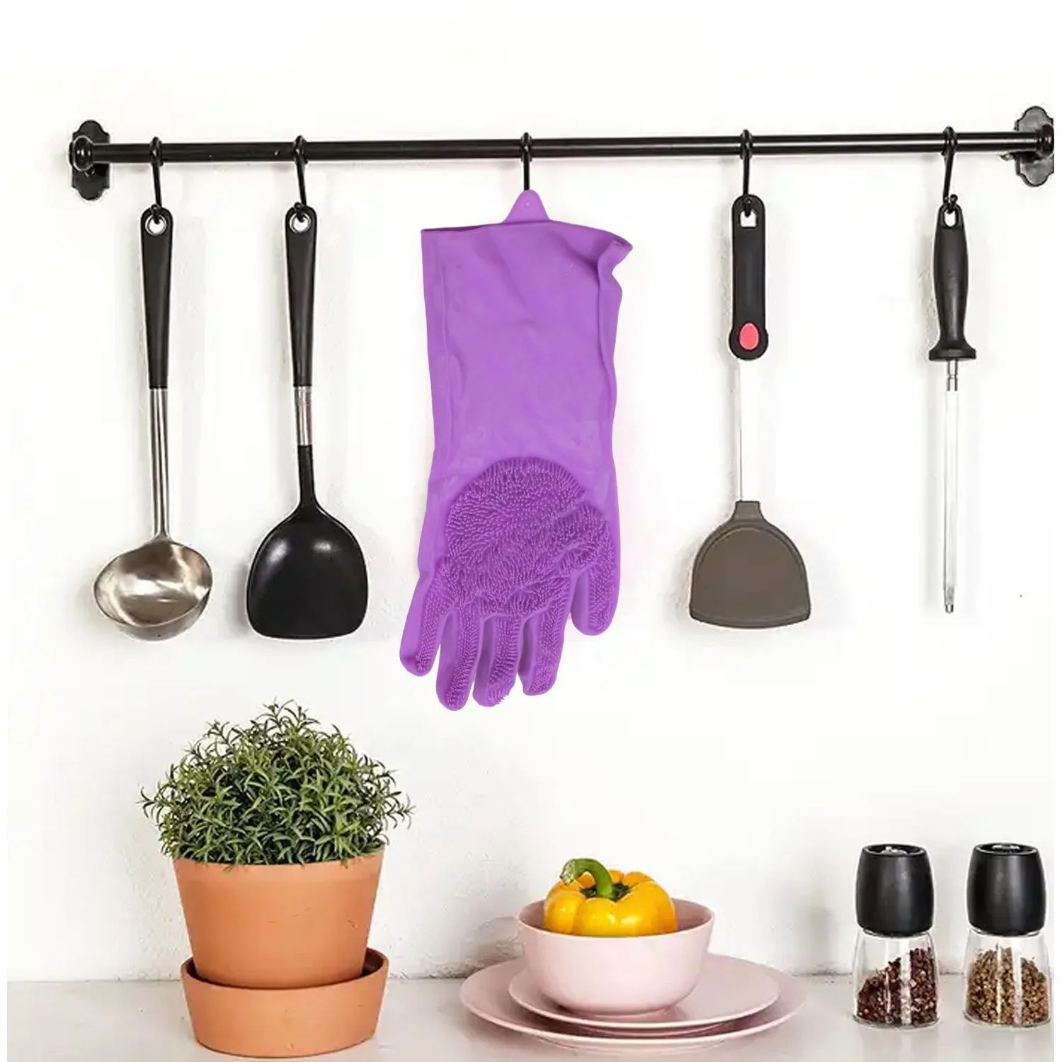 Dishwashing Gloves with Scrubber| Silicone Cleaning Reusable Scrub Gloves for Wash Dish Kitchen| Bathroom| Pet Grooming Wet and Dry Glove (1 Pc Left Hand Gloves)