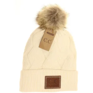 Geometric Knit Faux Fur Pom Beanie Cream