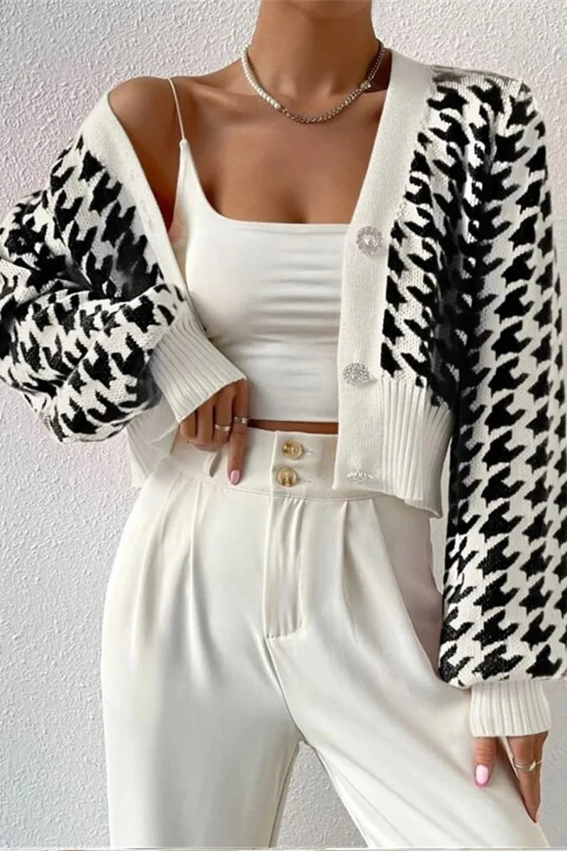 HWR1193 Houndstooth Crop Cardigan