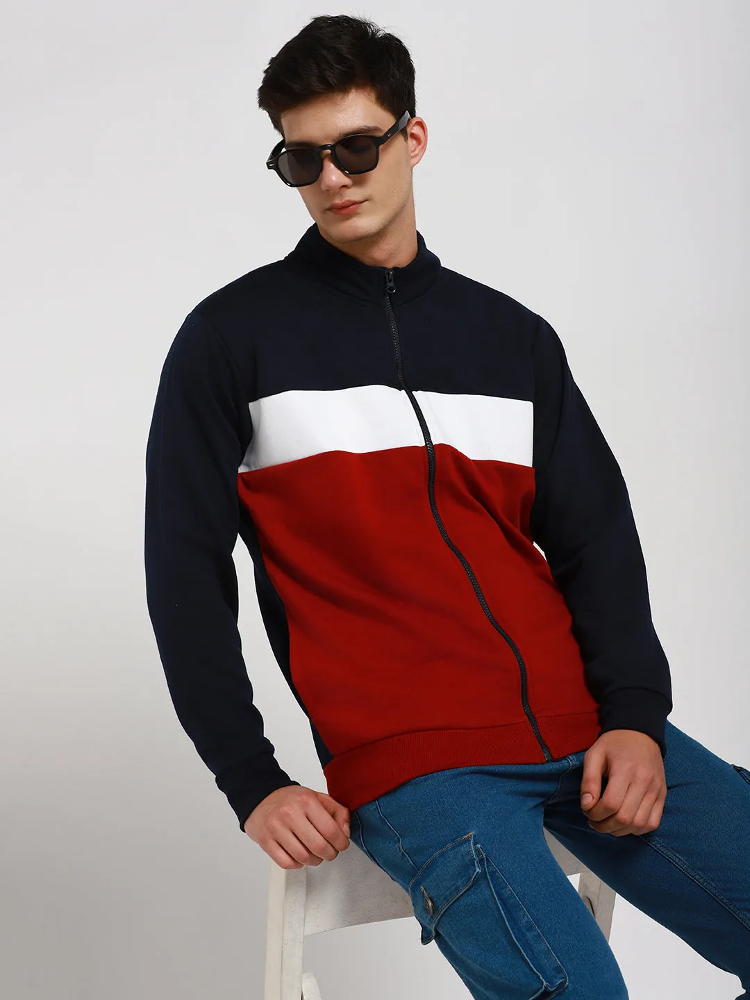 Men's Mock Neck Regular Fit Colourblock Maroon Sweatshirt