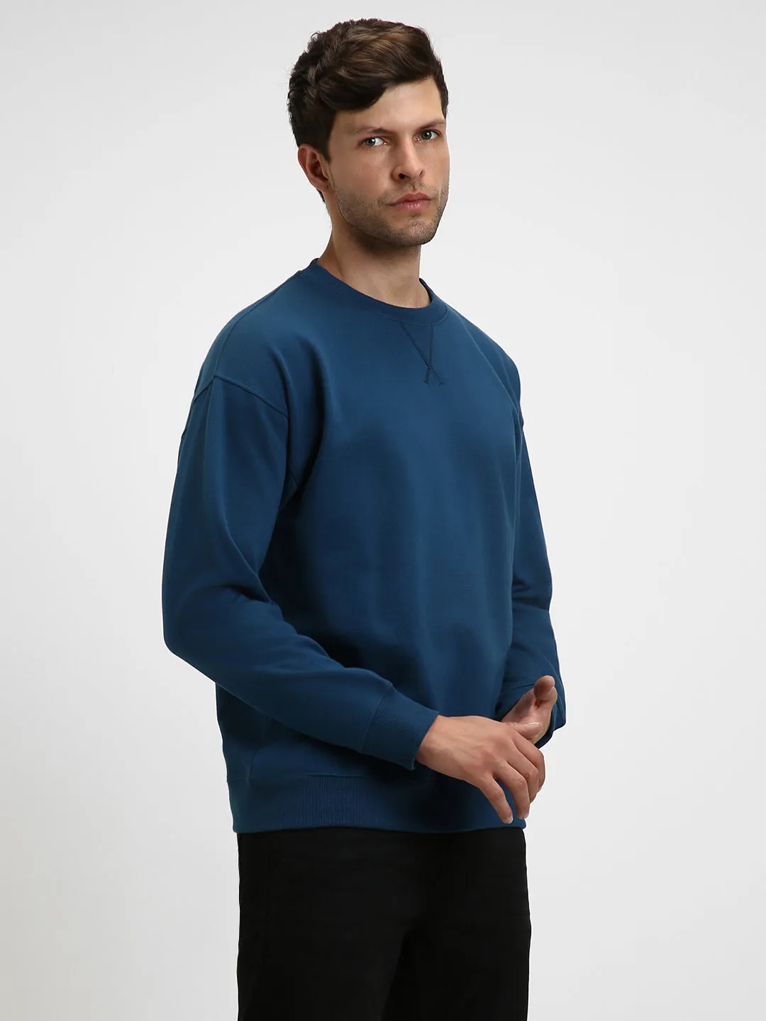 Men's Mock Neck Relaxed Fit Solid Blue Sweatshirt