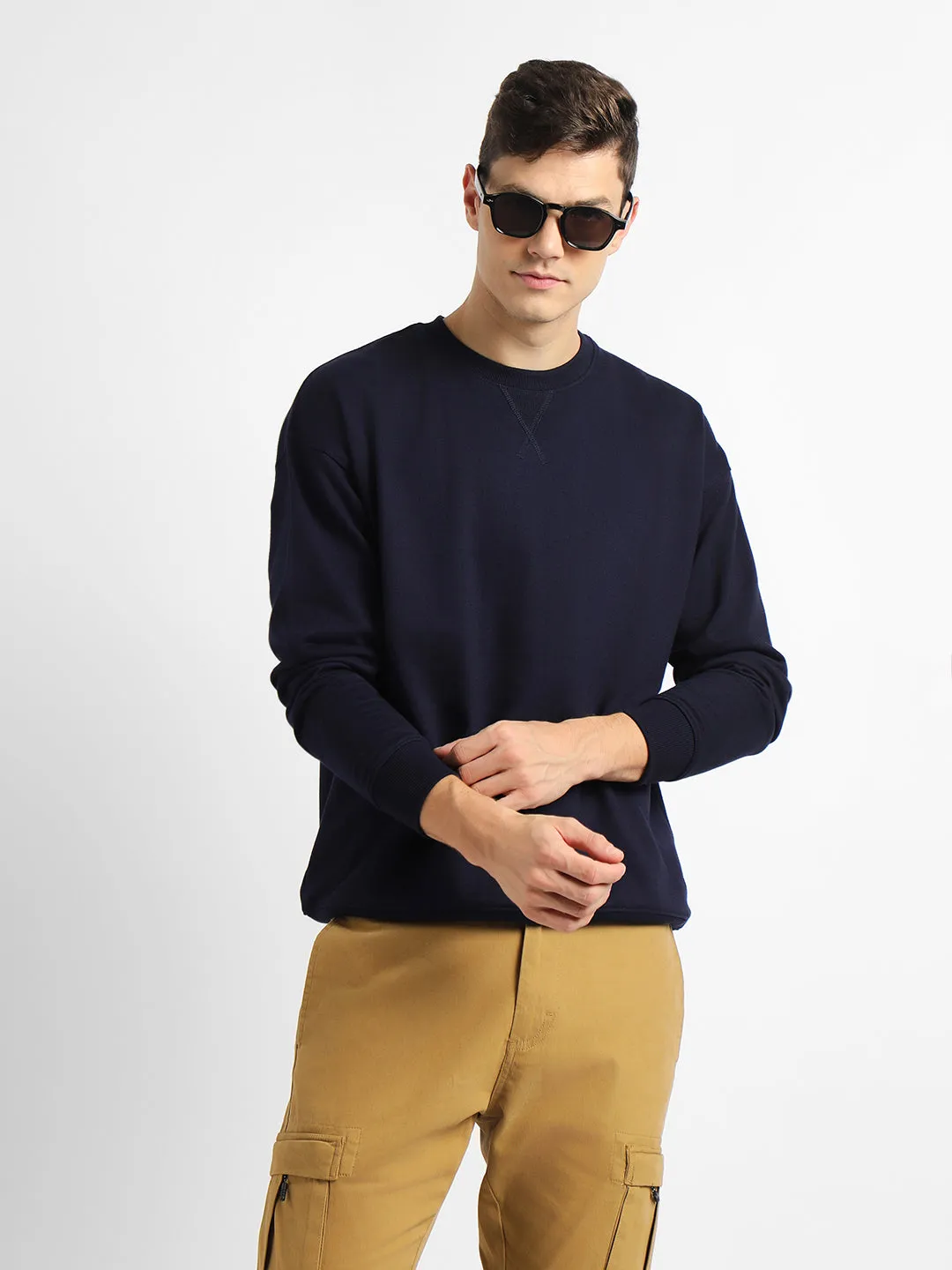 Men's Mock Neck Relaxed Fit Solid Navy Sweatshirt