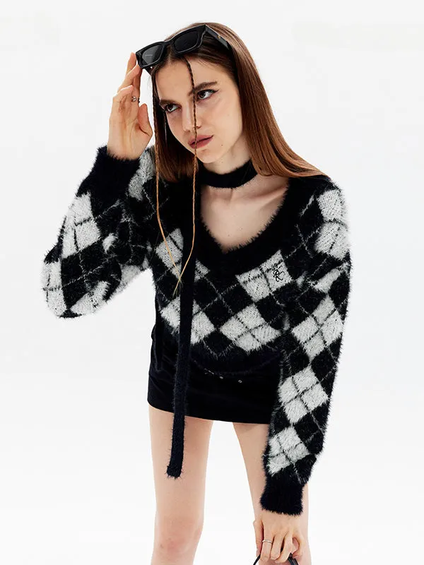 Nvuvu Plaid V-Neck Long Sleeves Knit Sweaters