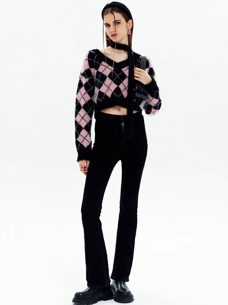 Nvuvu Plaid V-Neck Long Sleeves Knit Sweaters