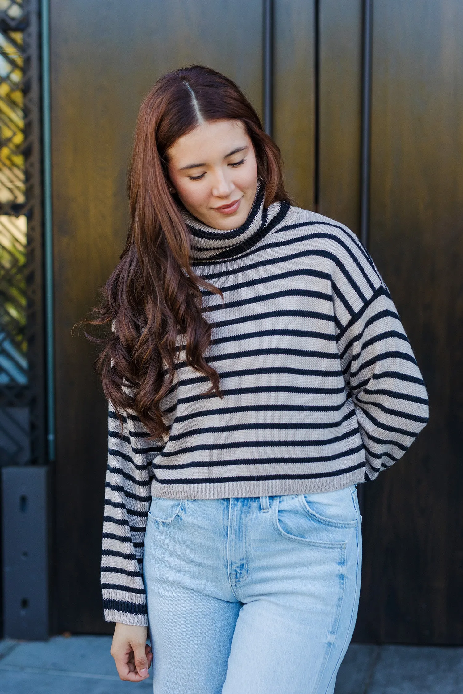 The Morning Coffee Mocha and Black Striped Crop Sweater