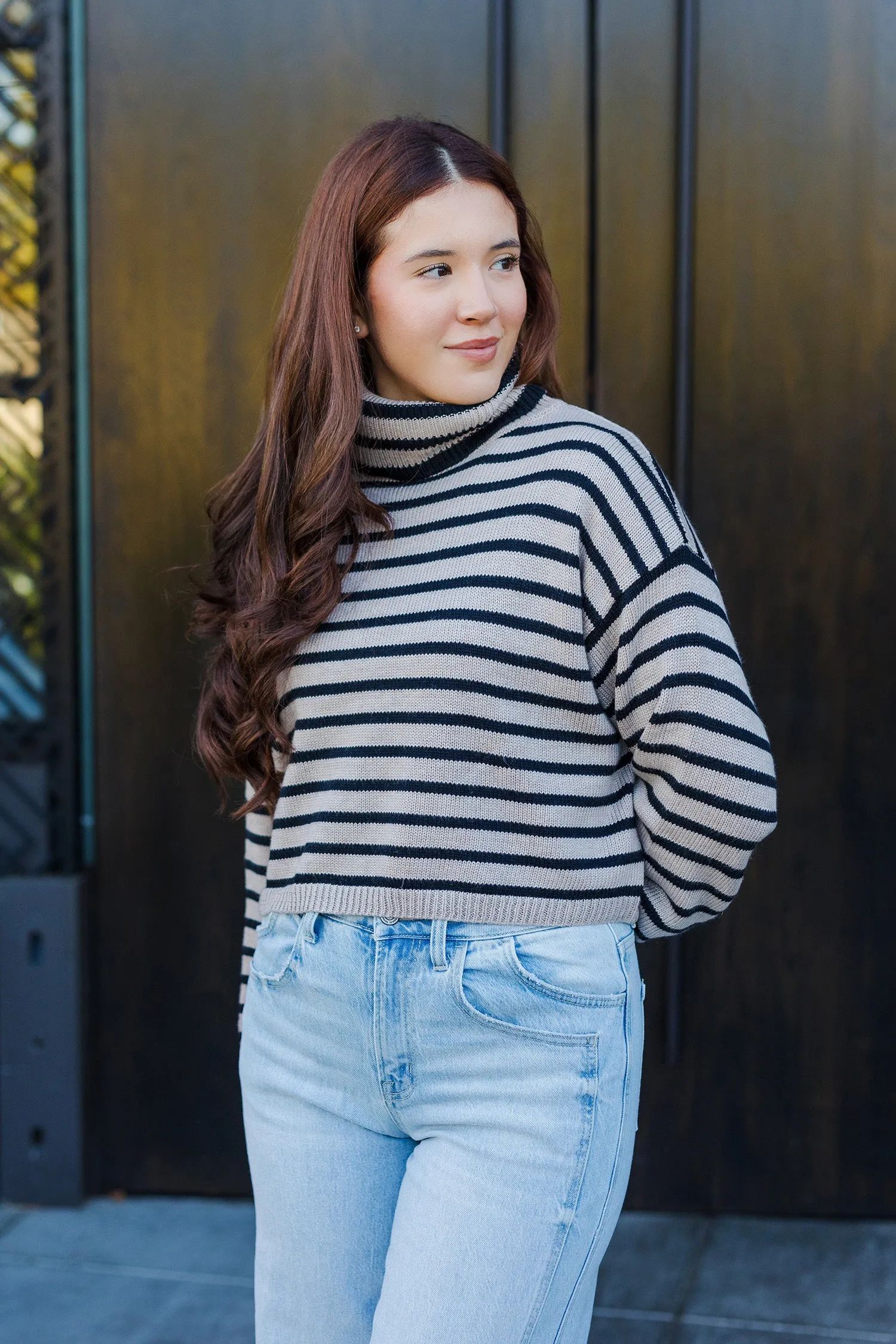 The Morning Coffee Mocha and Black Striped Crop Sweater